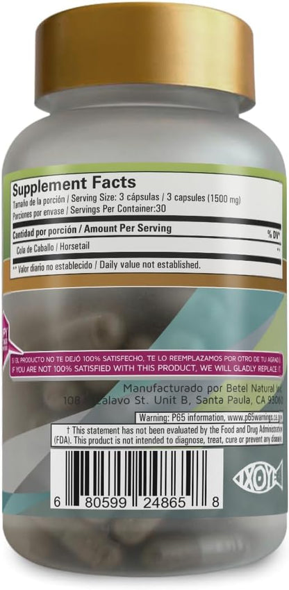 Betel Natural Horsetail Capsules | Cola de Caballo | 1500 mg | Healthy Nails, Skin and Hair