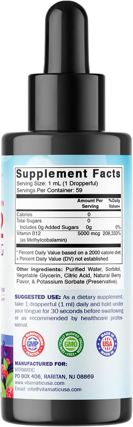 Vitamatic Liquid Vitamin B12 5000 mcg (Methylcobalamin) - Natural Berry Flavour - Sublingual - 2 Pack - görsel 8
