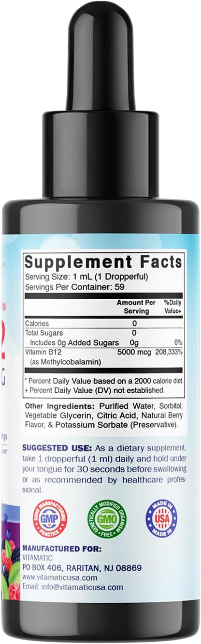 Vitamatic Liquid Vitamin B12 5000 mcg (Methylcobalamin) - Natural Berry Flavour - Sublingual - 2 Pack