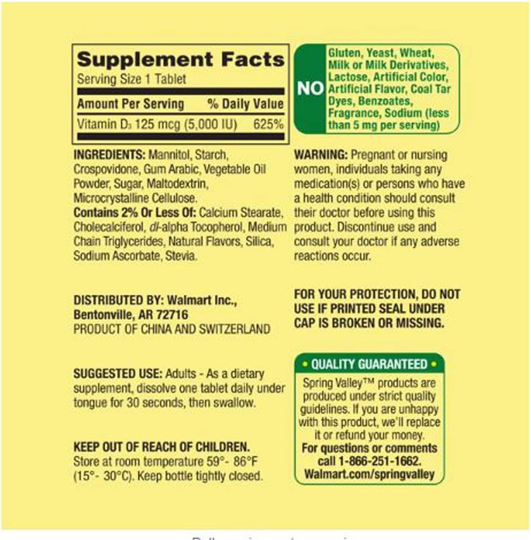 Spring Valley Extra Strength Vitamin D3 Fast Dissolve Tablets, 125 mcg (5,000 IU), Strawberry Flavour, 90 Count - görsel 3
