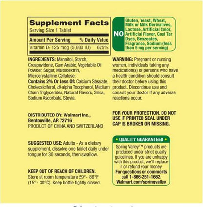 Spring Valley Extra Strength Vitamin D3 Fast Dissolve Tablets, 125 mcg (5,000 IU), Strawberry Flavour, 90 Count