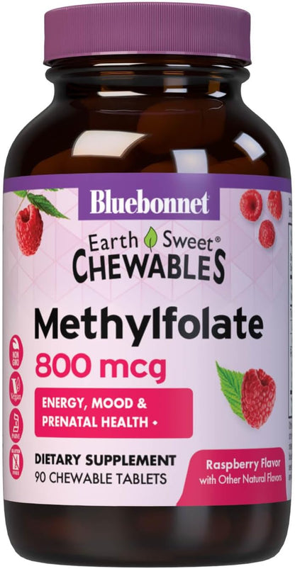 Bluebonnet EarthSweet Methylfolate 800 mcg Cellular Active Coenzyme 5-MTHF L-Methylfolate Supplement - Prenatal & Energy Support - Non-GMO, Vegan, Gluten-Free - Raspberry - 90 Chewable Tablets