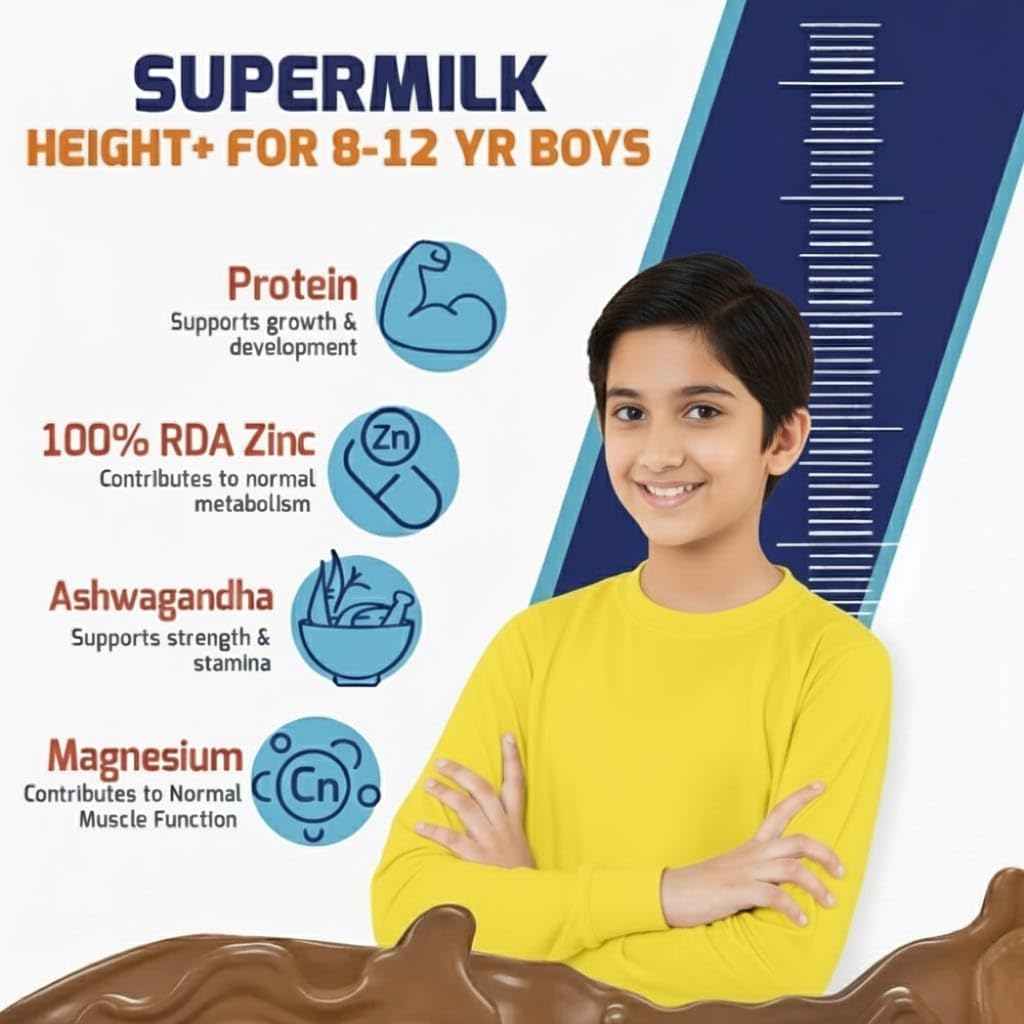 Supermilk Height+ for Boys 8-12 Years – Tailored Health Drink with Protein, Calcium, D3 & 21 Vitamins & Minerals – Double Chocolate – 400g Powder - görsel 2