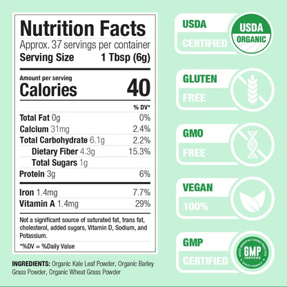 Nature Restore Organic Greens Powder (227 g). 100% Pure Grown in USA Kale, Wheatgrass & Barleygrass. Alkaline-Forming Morning Green Juice Shot & Digestive Support. No-Mess Juicer Alternative, Gluten-Free