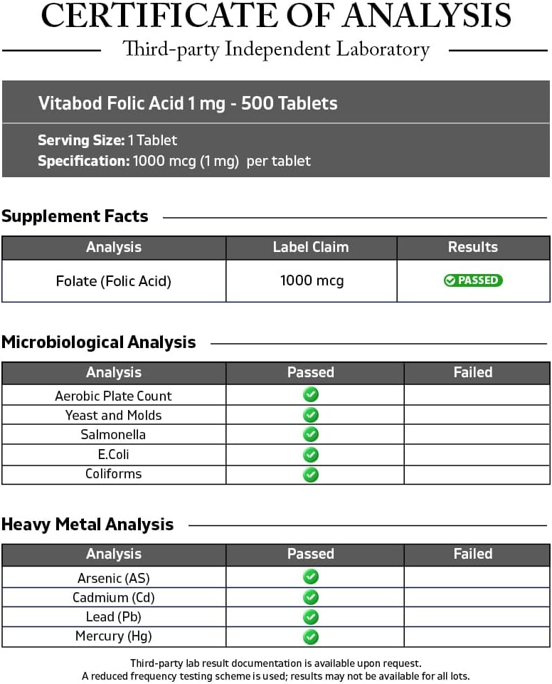 Vitabod Folic Acid 1 mg (1000 mcg) - 500 Vegetarian Tablets - Prenatal and Postnatal Supplement - görsel 3