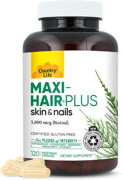 Country Life Maxi-Hair Plus Hair, Skin & Nails Vitamin with 5,000 mcg Biotin - 120 Vegetarian Capsules