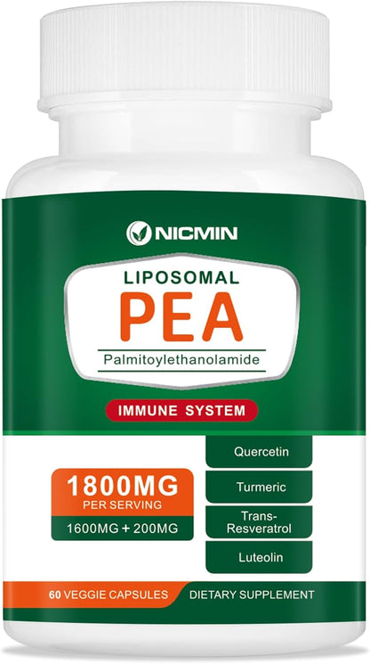 NICMIN 1600mg Palmitoylethanolamide 99% with Luteolin & Quercetin - Micronised for High Absorption, 60 Capsules