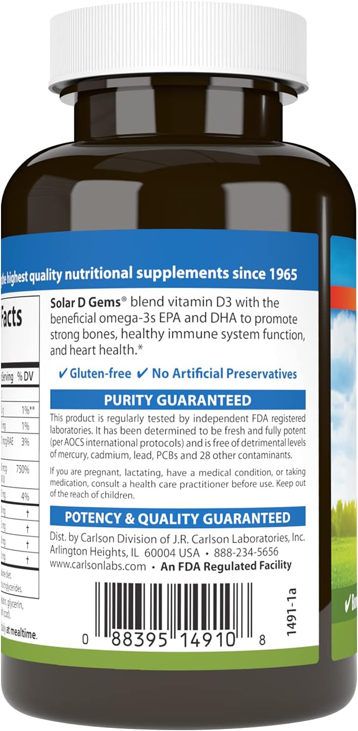 Carlson Solar D Gems - Vitamin D3 and Omega-3 Supplement, 6000 IU (150 mcg) D3, 115 mg Omega-3s, Wild Caught, Lemon, 120 Softgels - görsel 3