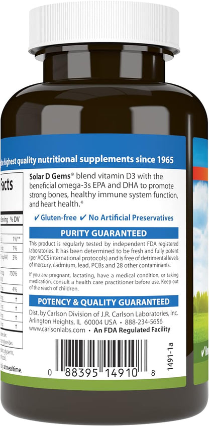 Carlson Solar D Gems - Vitamin D3 and Omega-3 Supplement, 6000 IU (150 mcg) D3, 115 mg Omega-3s, Wild Caught, Lemon, 120 Softgels