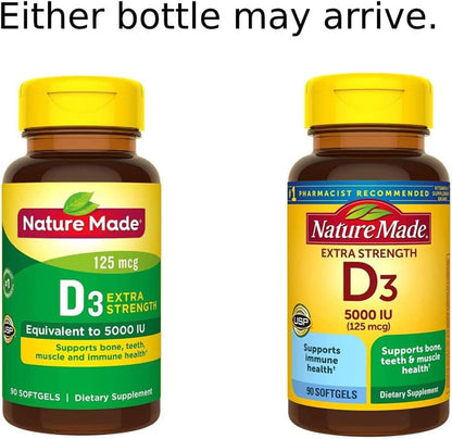 Nature Made Extra Strength Vitamin D3 5000 IU (125 mcg), Food Supplement for Immune Support, 90 Softgels, 90 Day Supply