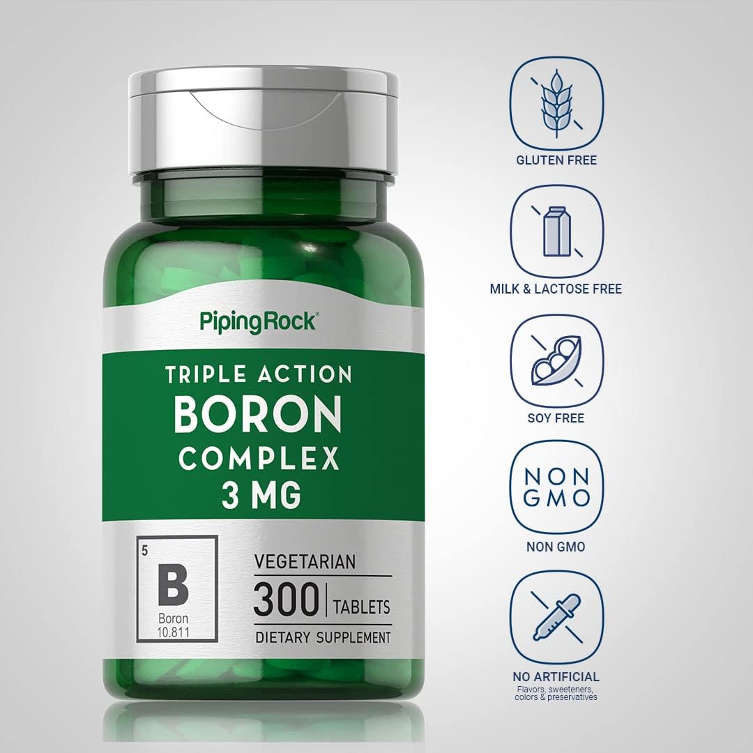 Piping Rock Boron Supplement for Men and Women | 3mg | 300 Tablets | Triple Complex | as Glycinate, Aspartate, Citrate | Vegetarian, Non-GMO, Gluten-free - görsel 3