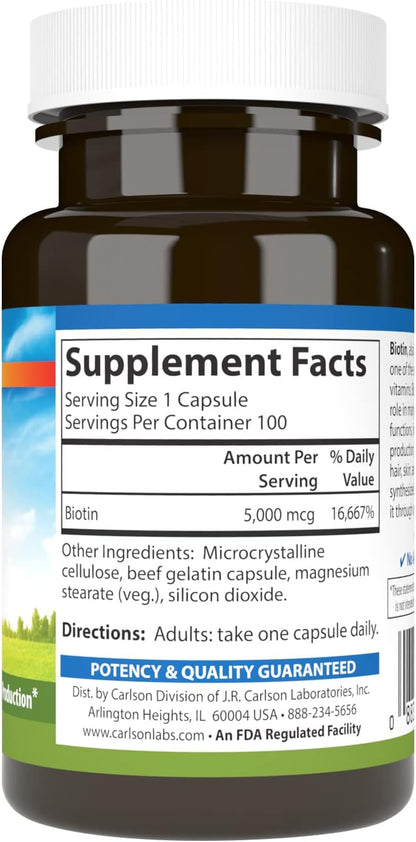 Carlson Biotin 5000 mcg – Healthy Hair, Strong Nails & Energy Metabolism, 100 Capsules