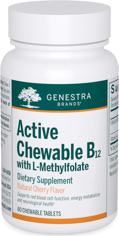 Genestra Brands Active Chewable B12 with L-Methylfolate, 60 Chewable Tablets, Natural Cherry Flavour