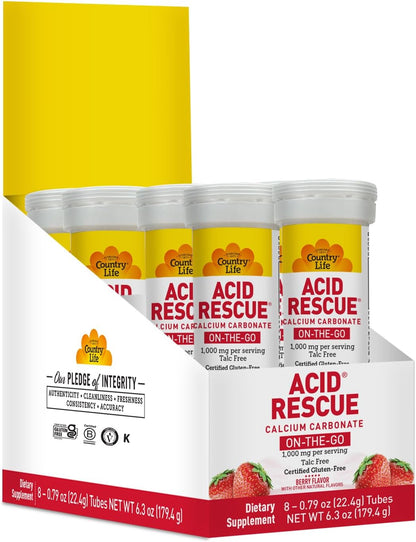 Country Life Acid Rescue On-the-Go Chewable Tablets - Vegan & Gluten-free Heartburn Relief, 400mg Calcium & Magnesium, Non-GMO, Sugar-Free Berry Flavour, 8 Pack