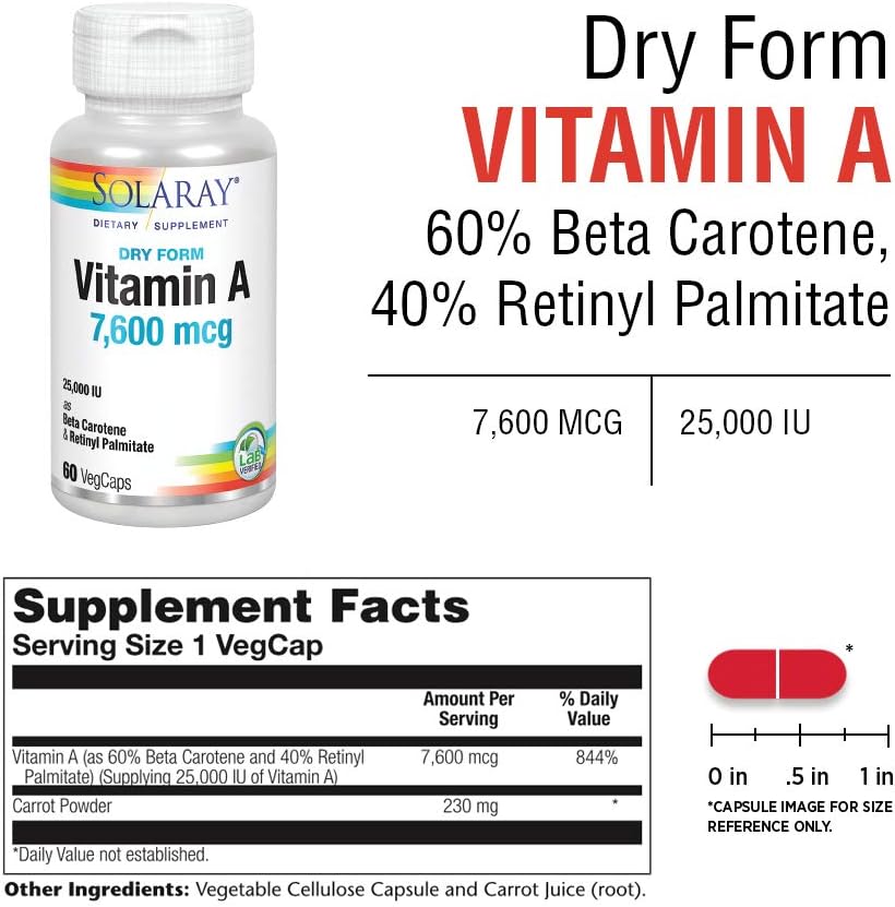 Solaray, Dry Form Vitamin A, 7,500 mcg, 60 VegCaps - görsel 2