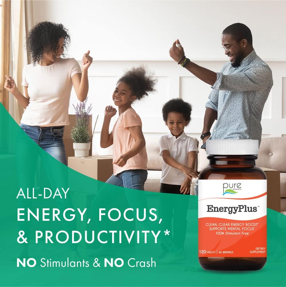Energy Plus by Pure Essence - Caffeine Free, All Natural Herbal Energy and Focus Supplement - Smooth, No Jitters, No Energy Crash - 120 Tablets - görsel 3