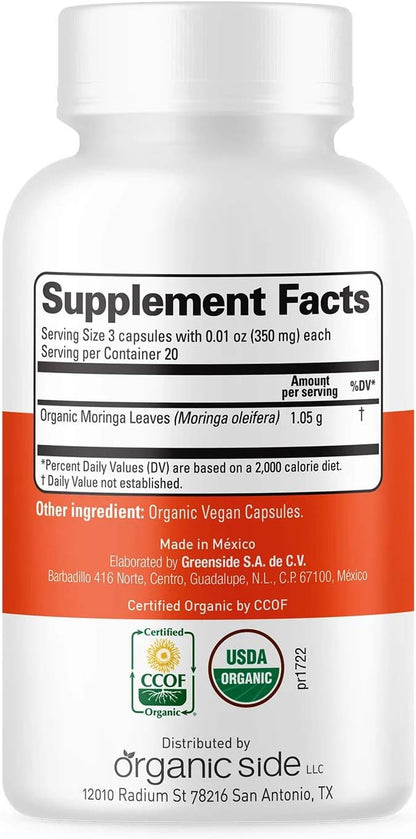 Organic Moringa Capsules - 60 Capsules - USDA Organic, Non-GM, Vegan Superfood for Energy and Immunity