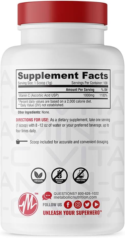 Metabolic Nutrition Vitamin C, 1000mg, Pure Pharma Grade, High Absorption Ascorbic Acid (100 g) - görsel 2