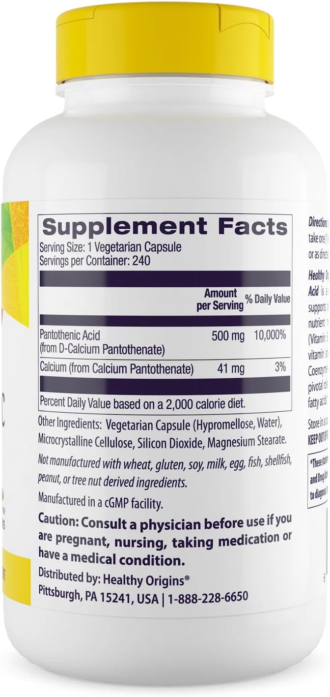 Healthy Origins Premium Vitamin B5 Pantothenic Acid 500 mg, 240 Vegan Capsules - görsel 2