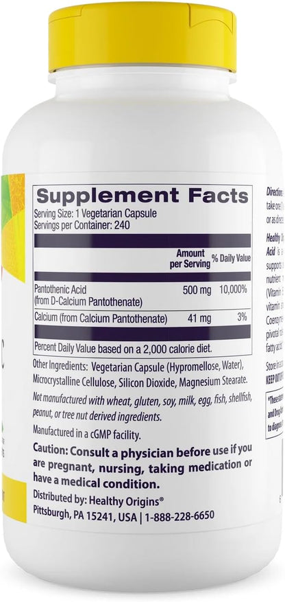 Healthy Origins Premium Vitamin B5 Pantothenic Acid 500 mg, 240 Vegan Capsules