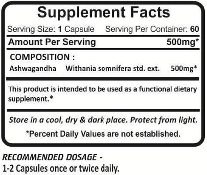 Planet Ayurveda Ashwagandha, 500mg Veg Capsules - 2 Bottles