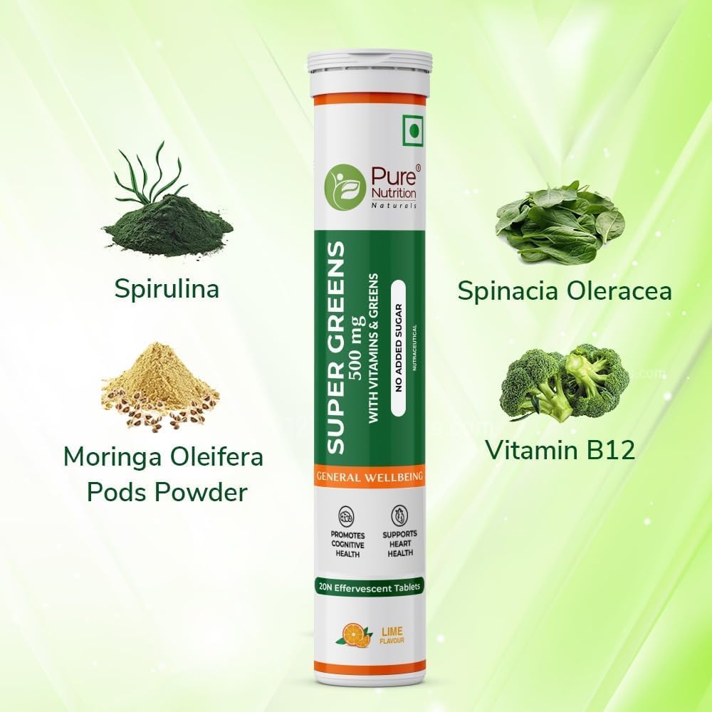 Pure Nutrition Super Greens Effervescent Tablets | 40 Count (20x2) | with Moringa, Spirulina, Arjuna Leaf & B Vitamins - görsel 4