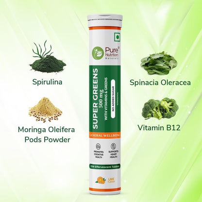 Pure Nutrition Super Greens Effervescent Tablets | 40 Count (20x2) | with Moringa, Spirulina, Arjuna Leaf & B Vitamins