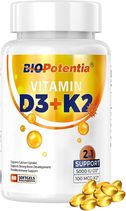 BIO POTENTIA Vitamin D3 K2 with MCT Oil - 5000 IU D3 & 100mcg K2 (MK-7) - Bone, Teeth & Immune Support - Non-GMO, Gluten-free - 60 Soft gel capsules