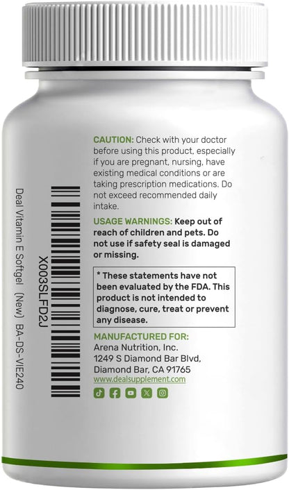 Vitamin E Supplements (1,000 IU) – 240 Softgels – Extra Strength Antioxidant Protection