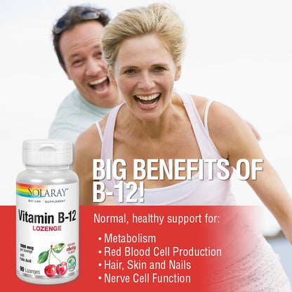 SOLARAY Vitamin B-12 1000mcg Lozenges with Folic Acid - Natural Cherry Flavour