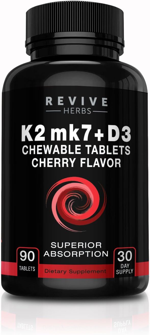 Revive Herbs Vitamin K2 D3 - Cherry Flavoured Chewable Tablets for Superior Calcium Absorption - Supports Bone & – Image 1