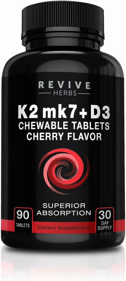 Revive Herbs Vitamin K2 D3 - Cherry Flavoured Chewable Tablets for Superior Calcium Absorption - Supports Bone & – Image 1