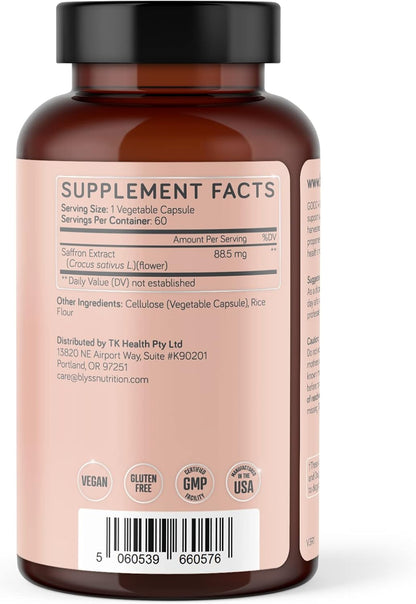 BLYSS Nutrition Saffron Extract Capsules – Support Mood, Energy, PMS Relief, Mental Clarity and Metabolism – Non-GMO, Gluten-Free, 60 Vegan Capsules