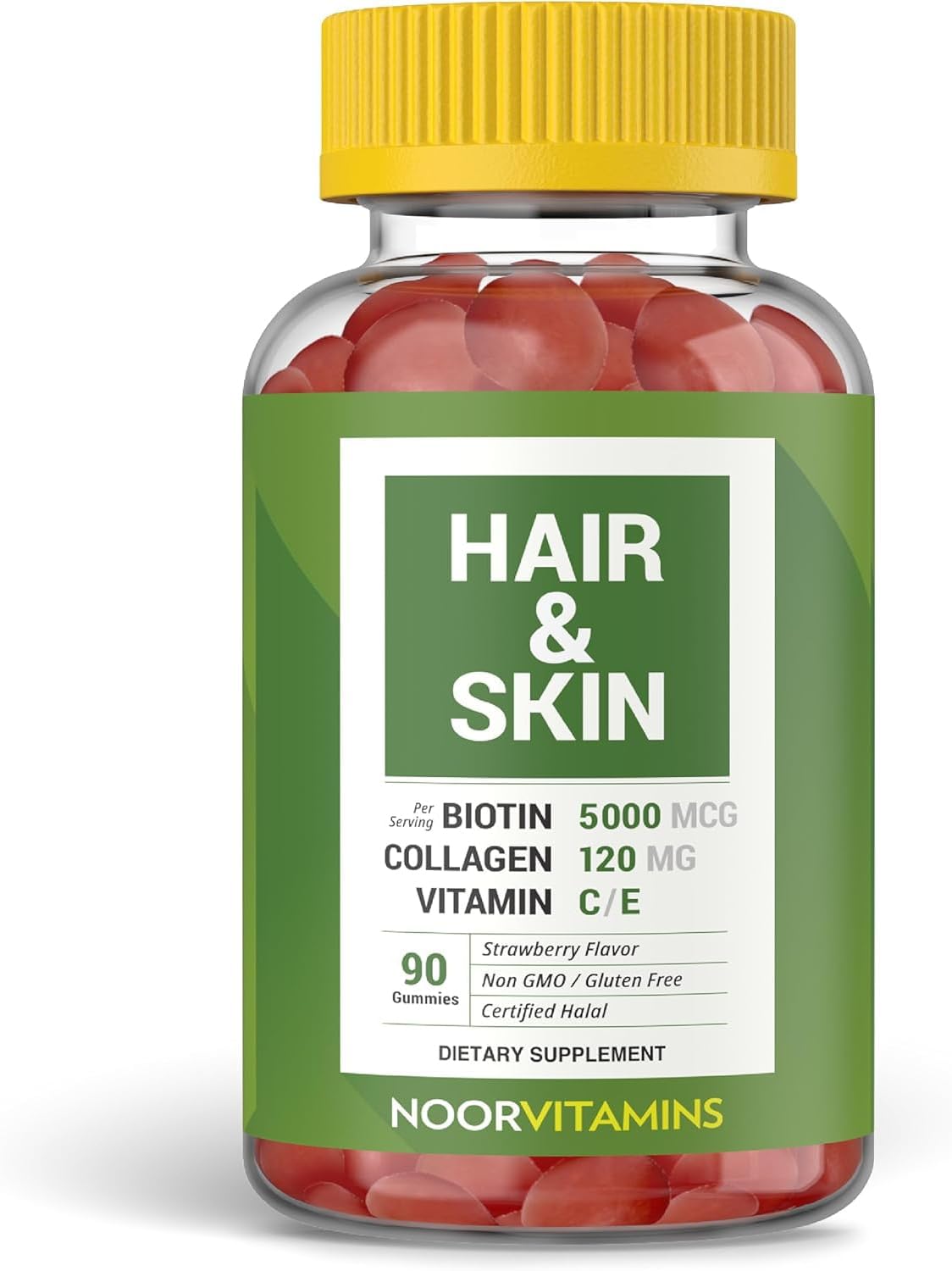 Noor Vitamins Halal Hair Vitamins – Biotin, Collagen, Silica, Vitamin C & E Gummies for Hair, Skin & Nail Health – Natural Strawberry Flavour – 90 Gummies - görsel 1