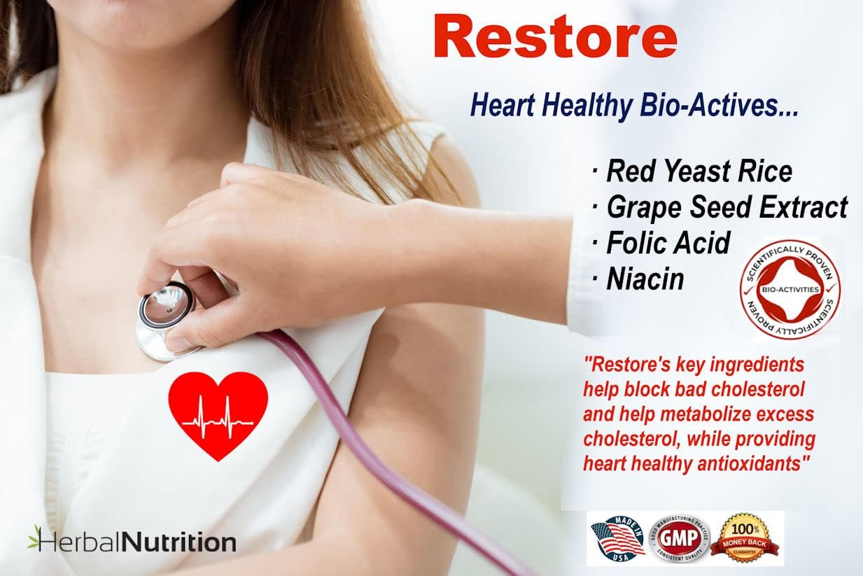 Restore - Heart Health & Cholesterol Support Food Supplement with Red Yeast Rice, Grape Seed Extract, Folic Acid and Niacin, 60 Capsules - görsel 4