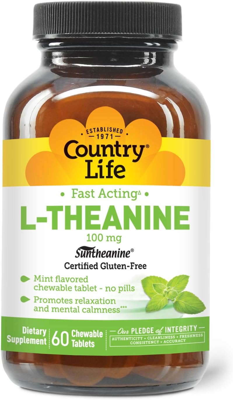Country Life L-Theanine 100mg Fast-Acting Chewable Tablets, Mint Flavour, 60 Tablets - görsel 1