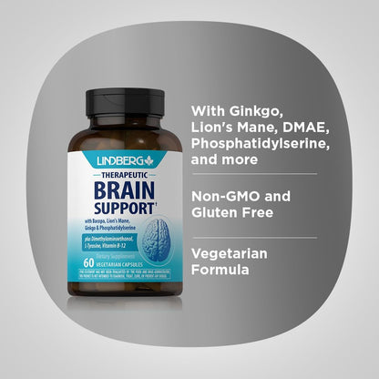 Lindberg Brain Support Supplement - 60 Capsules - with Phosphatidylserine, Lion's Mane, Vitamin B12 - Vegetarian, Non-GMO, Gluten-free