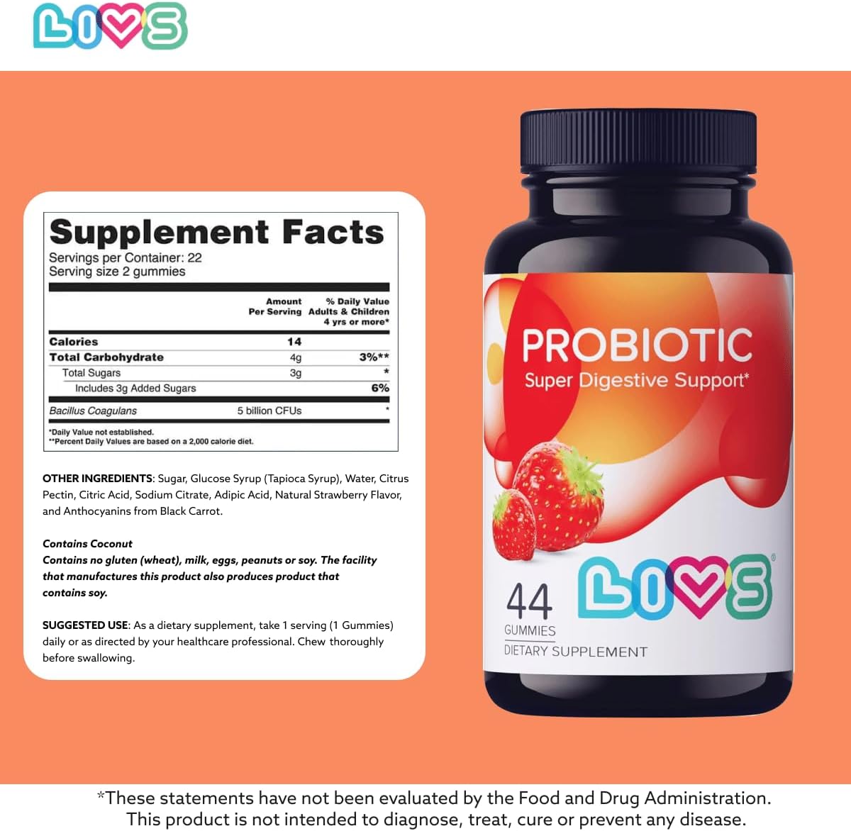 LIVS Probiotic Gummies – 5 Billion CFU Bacillus Coagulans for Digestive Gut Health, Mood Support & Immune Boost, Plant-Based Vegan, Strawberry Flavour (44 Count) - görsel 5