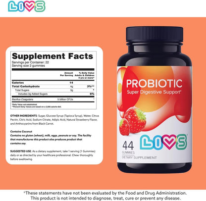 LIVS Probiotic Gummies – 5 Billion CFU Bacillus Coagulans for Digestive Gut Health, Mood Support & Immune Boost, Plant-Based Vegan, Strawberry Flavour (44 Count)