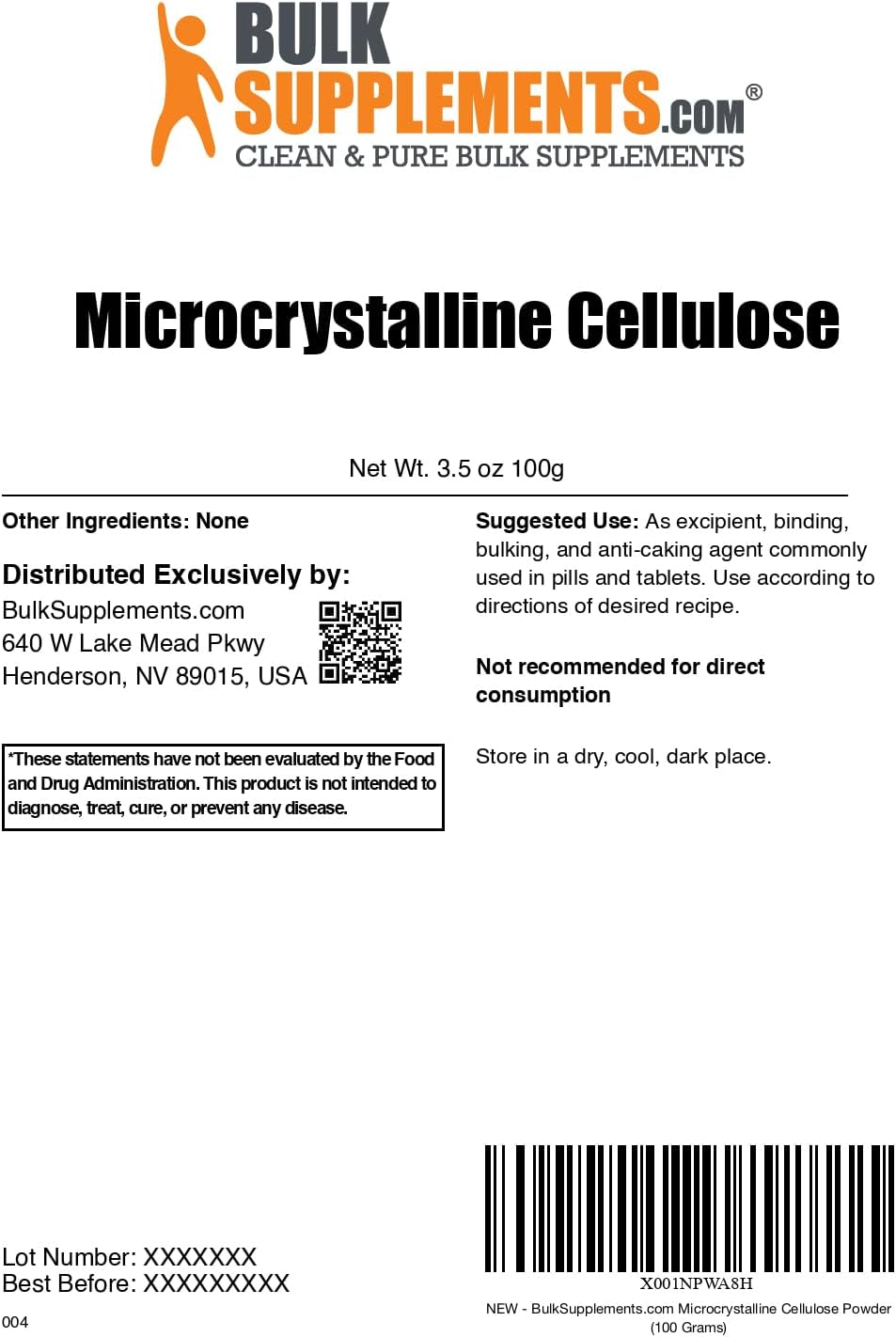 BulkSupplements.com Microcrystalline Cellulose Powder - MCC Powder, Food Grade Excipient, Binder & Anti-Caking Agent, 100g - görsel 2