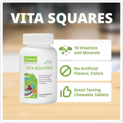 NeoLife Vita-Squares - Chewable Multivitamin for Children, 18 Vitamins & Minerals, Berry-Citrus, 180 Tablets