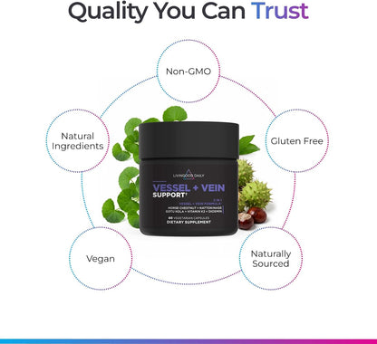 Livingood Daily Vessel & Vein Support - Circulation & Vein Health Supplement with Diosmin, Horse Chestnut, Nattokinase, Gotu Kola & Vitamin K2, Gluten-free, Vegan, 60 Capsules