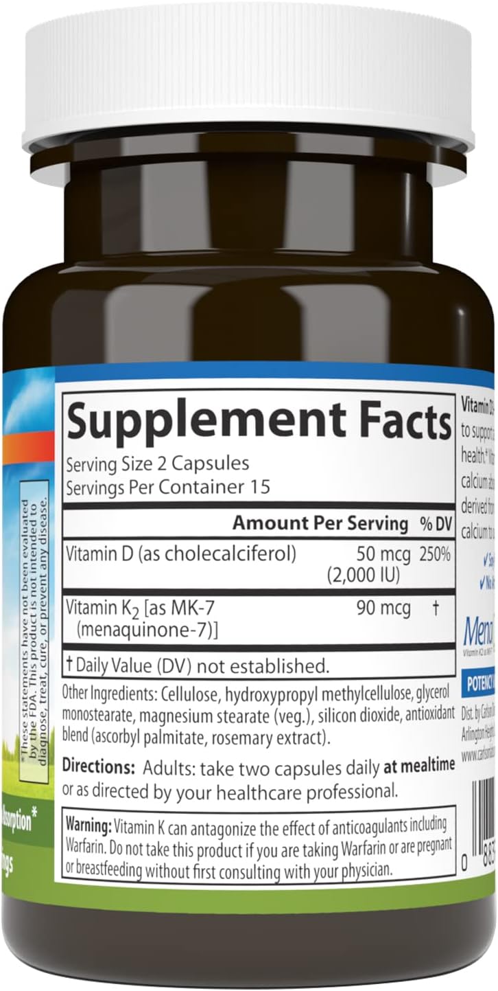 Carlson Vitamin D3 + K2, 50 mcg (2000 IU) Vitamin D3 & 90 mcg Vitamin K2 as MK7, 30 Softgels - görsel 2