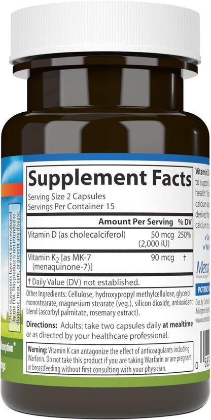 Carlson Vitamin D3 + K2, 50 mcg (2000 IU) Vitamin D3 & 90 mcg Vitamin K2 as MK7, 30 Softgels