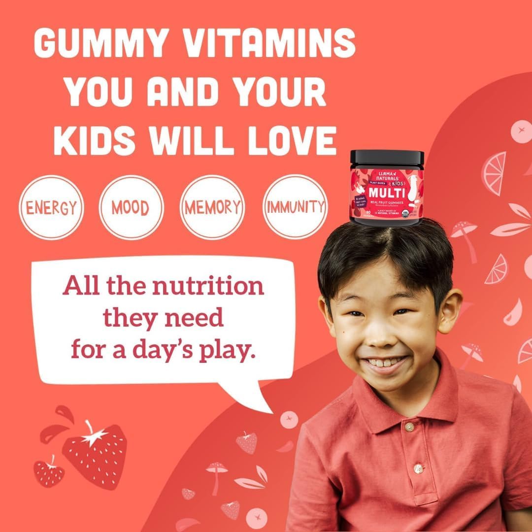 Llama Naturals Kids Multivitamin Gummies, Organic Vegan, Real Fruit, No Added Sugar, Strawberry, 90 Count - görsel 3