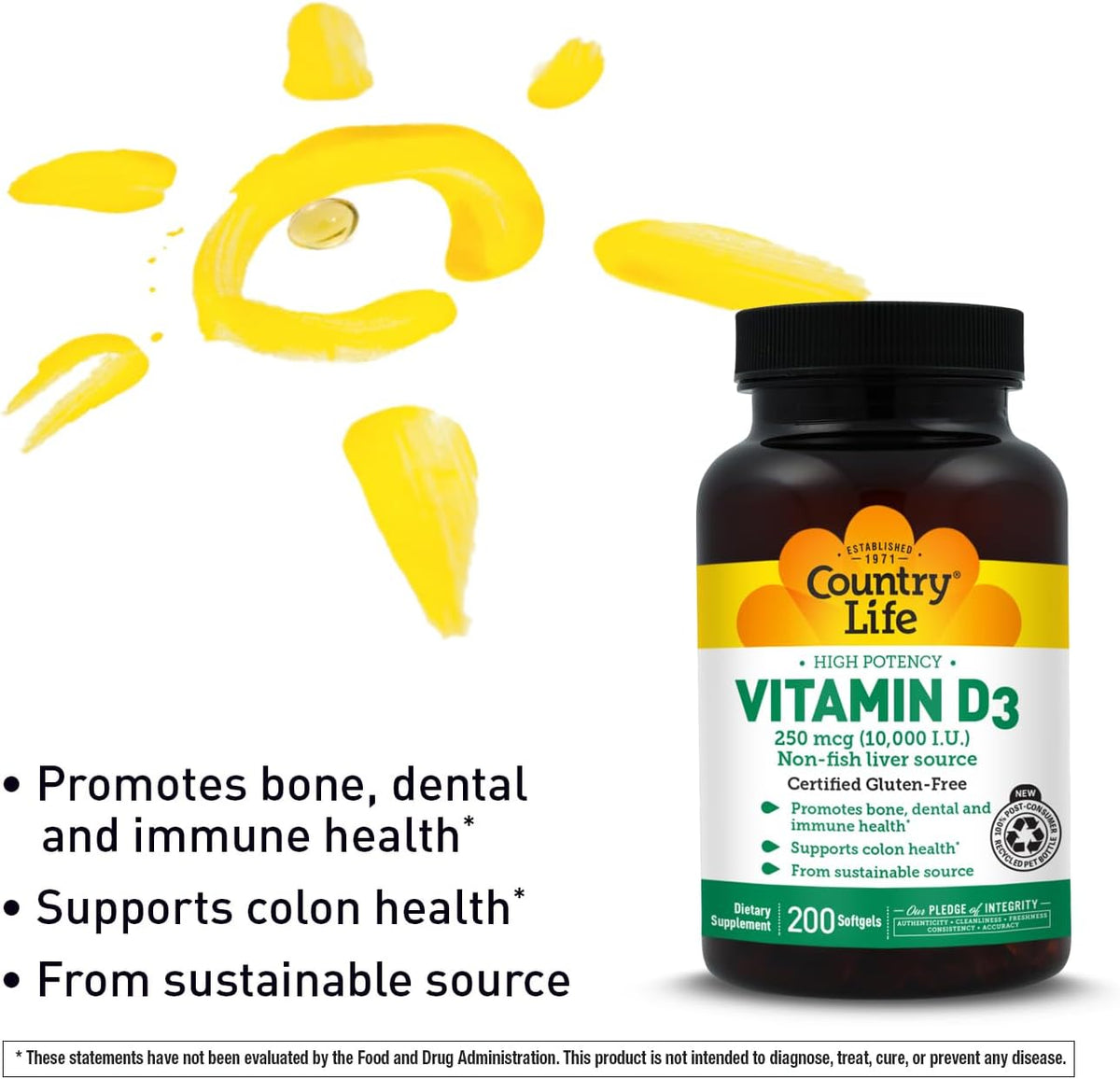 Country Life Vitamin D3 10,000 IU – High Potency Non-Fish Source – Bone and Immune Support – Certified Gluten-Free – 200 Softgels - görsel 4