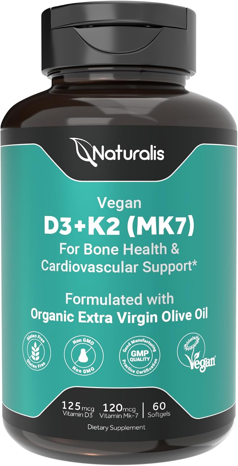 Naturalis Vegan Vitamin D3+K2 from Algae | 5000 IU D3 with 120mcg MK7 | Vegan Society Certified | 60 Softgels - görsel 1