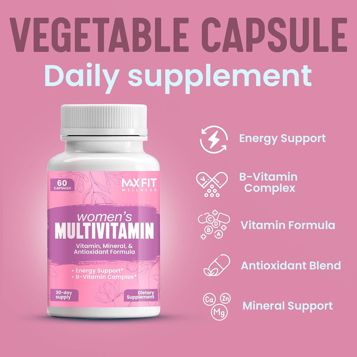 MAX FIT Women's Multivitamin – Complete Multivitamin for Women 50+ with Essential Vitamins A, B, C, D, E, Calcium & Iron – 60 Capsules - görsel 3
