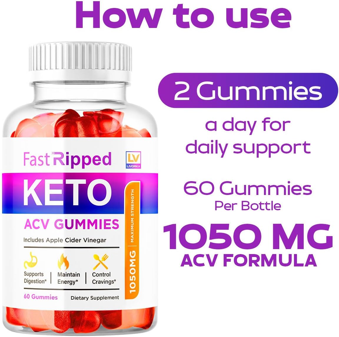 Fast Ripped Keto ACV Gummies - Apple Cider Vinegar 1050mg Supplement, 180 Gummies (3-Pack) - görsel 3