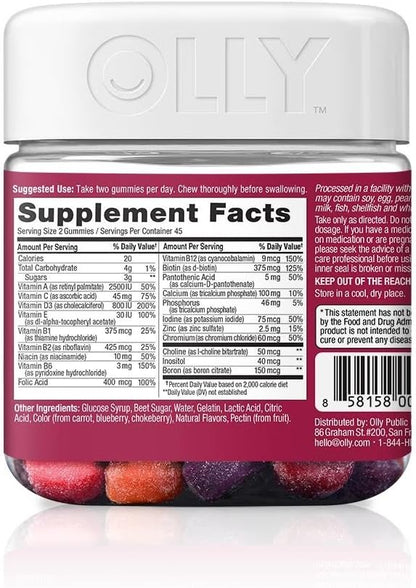OLLY Perfect Women's Multivitamin Gummy Food Supplement with Biotin & Folic Acid, Blissful Berry, 90 Gummies (45 Day Supply)